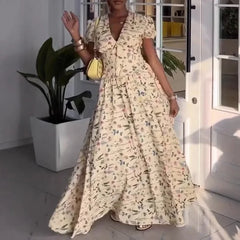 LIZAKOSHT  -  Casual High Waist Puff Short Sleeve Party Dress Chic V Neck Lace Up Swing Dress Elegant Plant Floral Print Pleated Evening Dress
