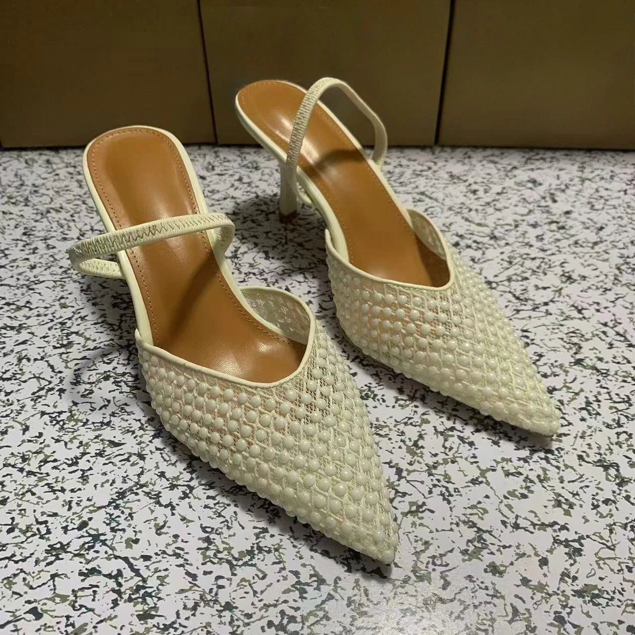 LIZAKOSHT  -  Pointed Toe White High Heels Shoes for Women Summer Breathable Pearl Mesh Designer Brand Elegant Party Wedding Female Sandals