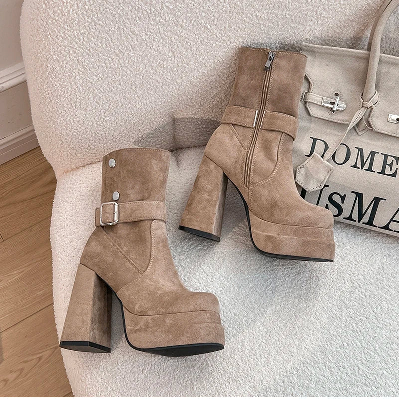 LIZAKOSHT  -  Autumn Winter Fashion High Heel Women Ankle Boots Belt Buckle Punk Shoes Ladies Short Botas Para Mujer