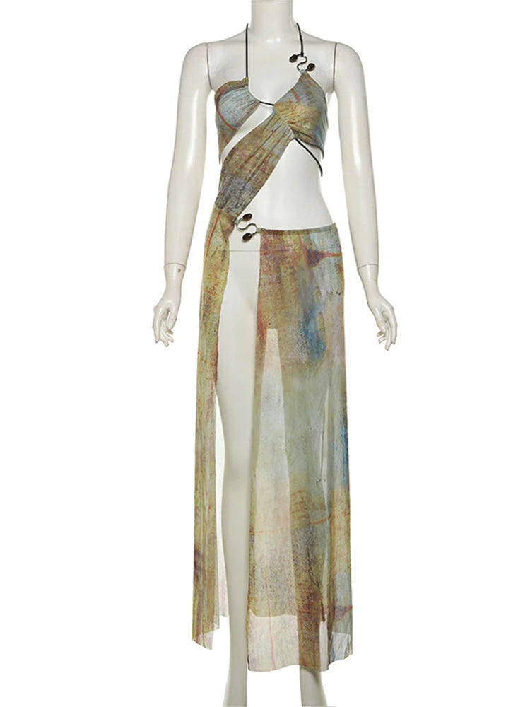 LIZAKOSHT  -  Summer Vintage Print Halter Backless Long Dress Beach Outfit Women 2024 See Through Hollow Out Waistlesst Party Vestidos