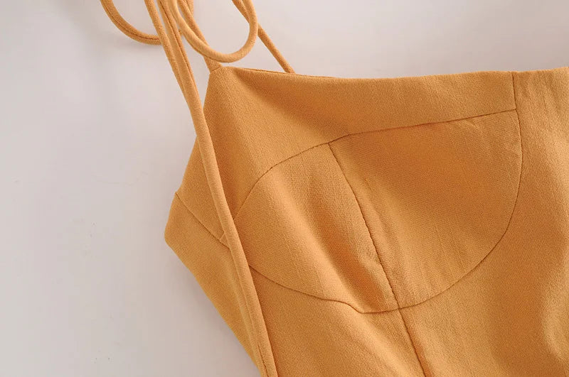 LIZAKOSHT  -  Sexy Solid Yellow Corset Style Bow Lacing up Strap Sling Dress Retro French Style Women Hem Slit Midi Long Dresses Holiday Robe