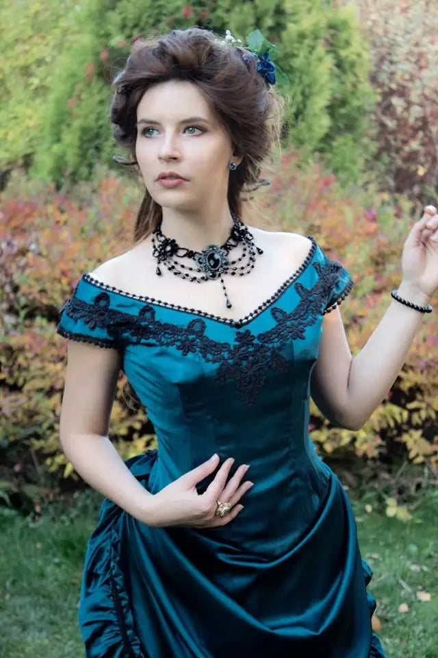 LIZAKOSHT  -  Teal Blue Vintage Victorian Bustle Evening Dresses Retro Off Shoulder Lace-up Corset Gothic Ruffles Pleats 1820S Prom Gown