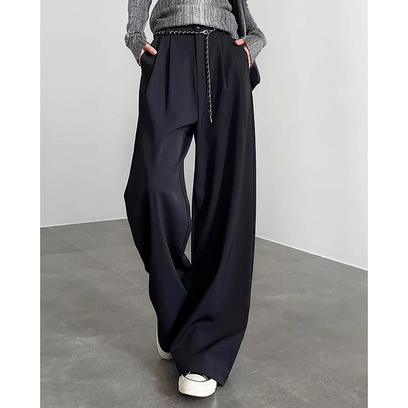 LIZAKOSHT  -  Korean White Wide Leg Pants Women Elegant Classic High Waist Casual Trousers Straight Cut Office Lady Commuter Suit Pants