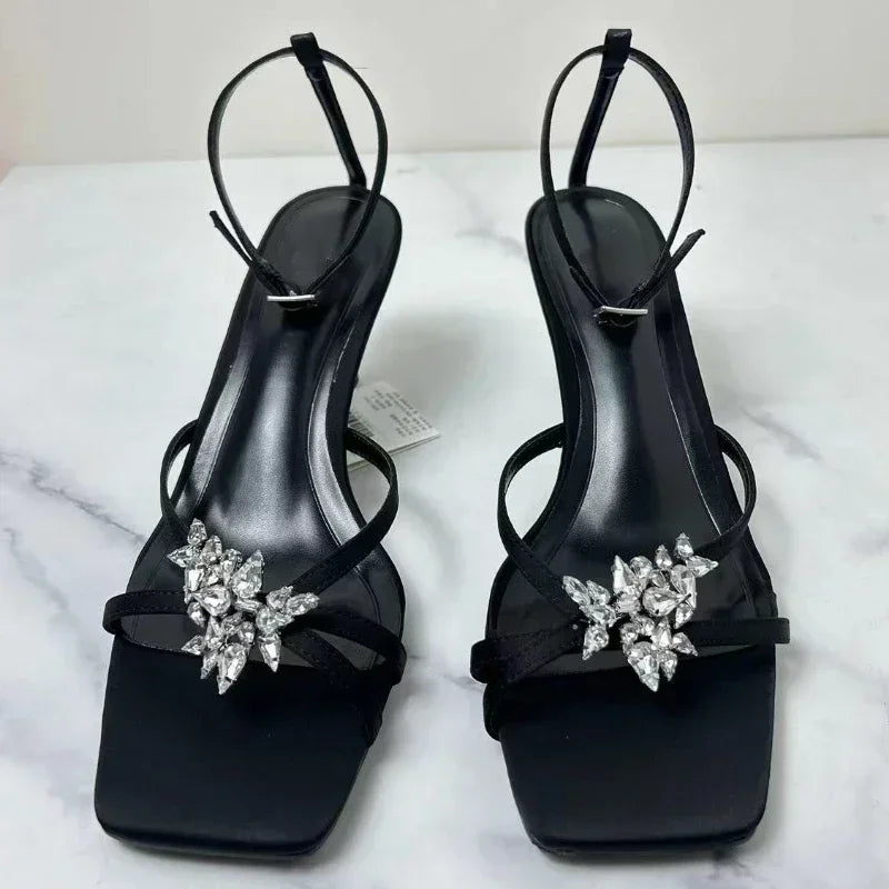 LIZAKOSHT  -  Shiny Rhinestone High Heels Women Summer New Open Toe Ankle Strap Thin Heels Dress Shoe Brand Design Rhinestone Sandals Femme