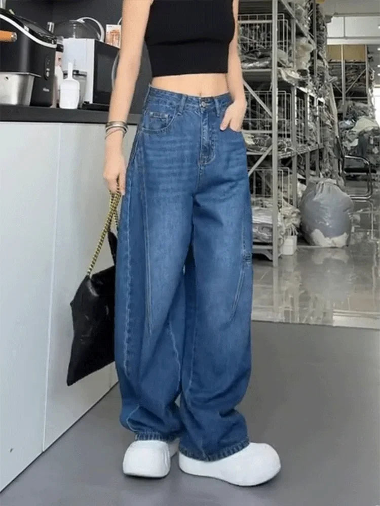 LIZAKOSHT  -  Blue Jeans Women Y2K Hip Hop Fashion Vintage High Waisted Cargo Jeans Streetwear Casual Loose Large Size Wide Leg Denim Pants