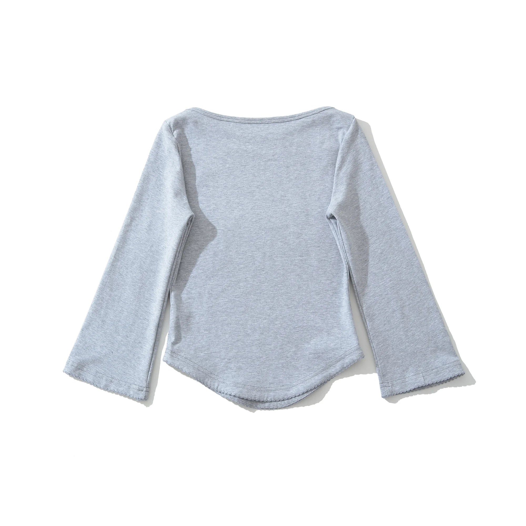 LIZAKOSHT  -  4 colors Summer Plain Color Slash Collar Jersey 3/4 Flare Sleeve Tee Women Skinny Slim fit Base Short T-shirts Crop Top Gray