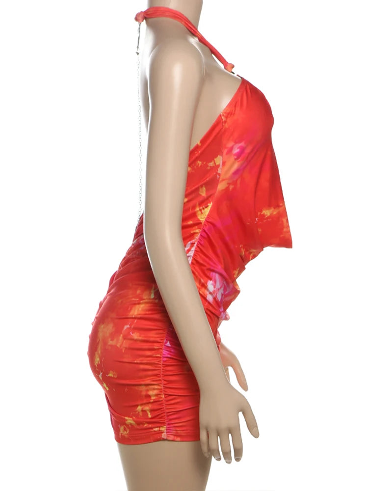 LIZAKOSHT  -  Sexy Halter Women Mini Dress Coquette Hot Swinging Neck Cleavage Backless Bodycon Female Stunning Tie Dye Festival Frock