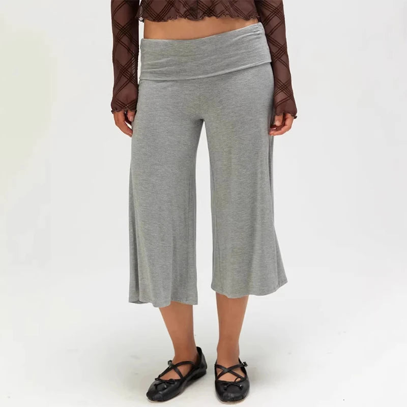 LIZAKOSHT  -  Solid Fold-Over Waist Culotte Lounge Pants High Waist Wide Leg Knit Summer Minimalist Women Chic Y2K Neutral Tone Trousers