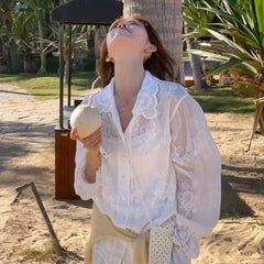 LIZAKOSHT  -  Early Autumn New Hot Selling Cotton Light Luxury Embroidered Flower Long Sleeve Loose Premium Sunscreen Shirt