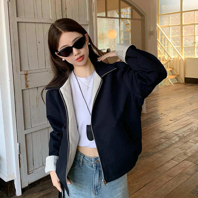 LIZAKOSHT  -  Reversible Jacket Women Spring Fall Simple Vintage Striped Baseball Zipper Chic Golf Outwear Harajuku Classic Commute Tops