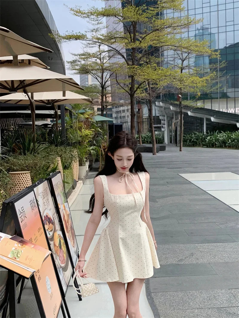LIZAKOSHT  -  Original High Quality French Polka Dot Strap Dress Women's Summer Sexy Slimming Short Skirt Mini Dress Square Collar Sleeveless
