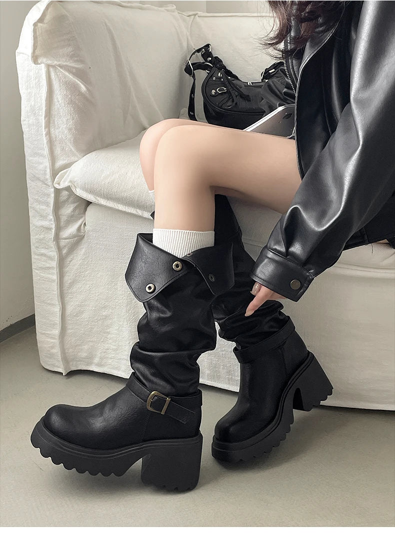 LIZAKOSHT  -  Winter Punk Style Woman Platform Knight Boots Fashion Belt Buckle Shoes Ladies Concise Height Increase Long Booties