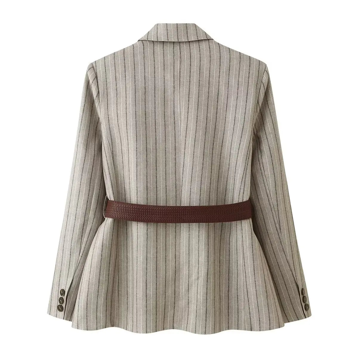 LIZAKOSHT  -  Autumn Women's With Blet Vertical Stripes Print Blazer Boyfriend Vintage Women Front Pockets Loose Suit Fashion Coat