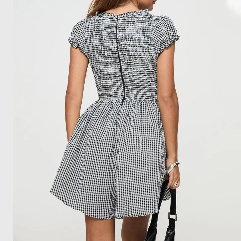 LIZAKOSHT  -  Summer Playsuit Women y2k Clothes Plaid Print Deep V Neck Short Sleeve High Waist Short Jumpsuit 2000s Streetwear