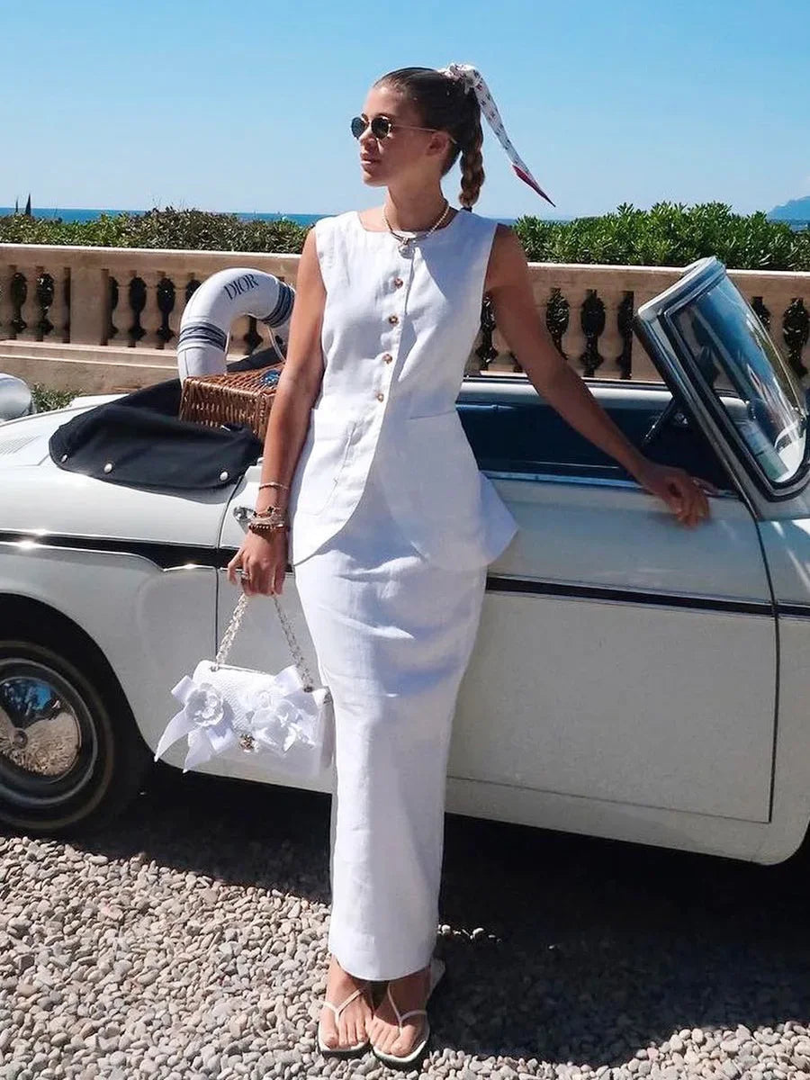LIZAKOSHT  -  Women's Sleeveless Vest High Waisted Skirt 2-Piece Set Spring Summer New Linen Casual Suit Fashion Office Lady Vest Set