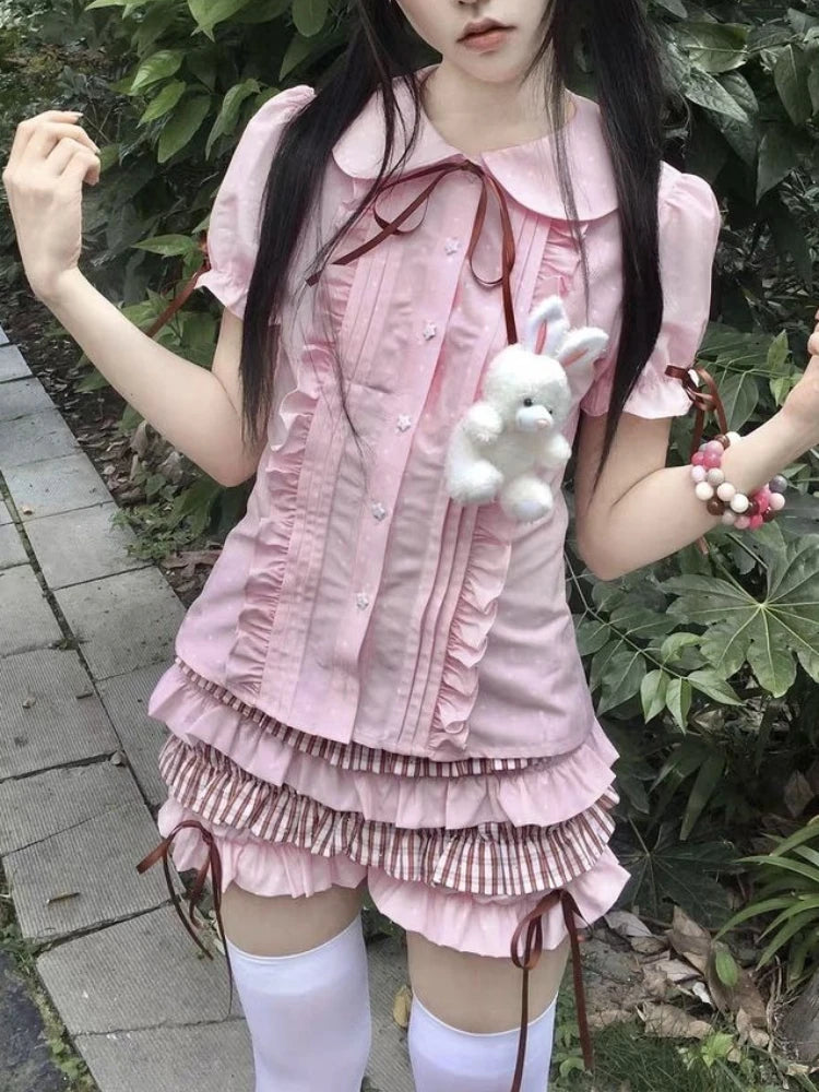 LIZAKOSHT  -  Summer New Kawaii Sweet Print Lolita Short Sleeve Doll Collar Shirt Fashion Japanese Cute Slim Pink Bow T-Shirts Women