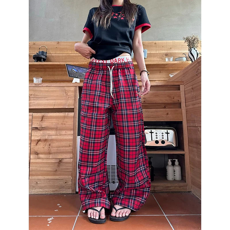 LIZAKOSHT  -  Women High Waist Y2k Loose Straight Leg Pants Lady Korean Harajuku Baggy Wide Leg Trousers Female Casual Grunge  Plaid Slacks