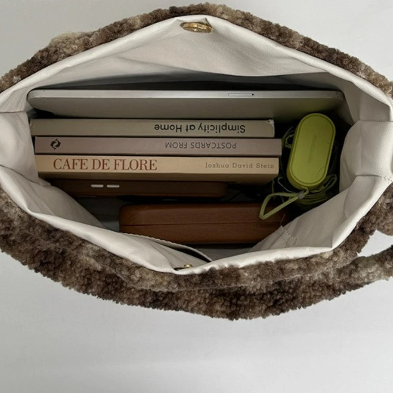 LIZAKOSHT  -  New Winter Autumn Plaid Furry Crossbody Bag Women Large Capacity Retro Shoulder Tote Bucket Bag Simple and Versatile Storage Bag