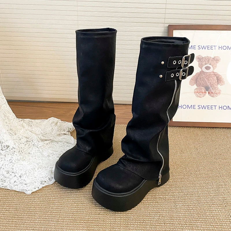 LIZAKOSHT  -  Chunky Style Women Knight High Boots Designer Belt Buckle Platform Heel Shoes Autumn Winter Thick Sole Ladies Long Booties