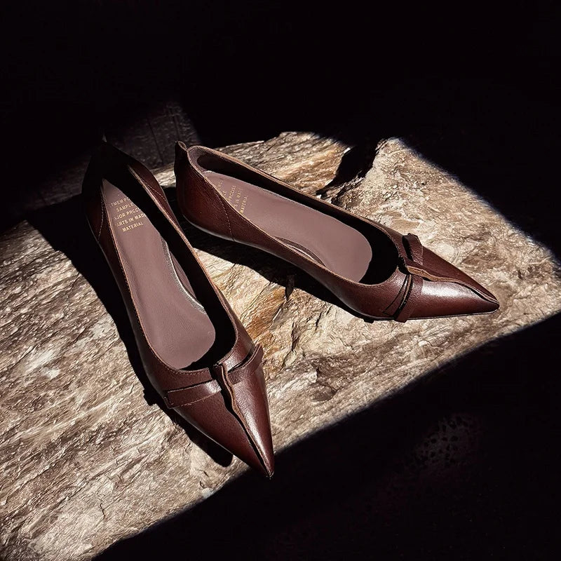 LIZAKOSHT  -  Fashion Pumps New High Quality Genuine Leather Shoes Bow Pointed Shallow Mouth High Heels Commuter Women's Shoes