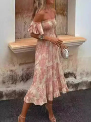 LIZAKOSHT  -  Summer Fashion Women's Elegant Dress Color Blocked Print Off Shoulder Strapless Sexy Lotus Leaf Sleeve Vacation Long Dress