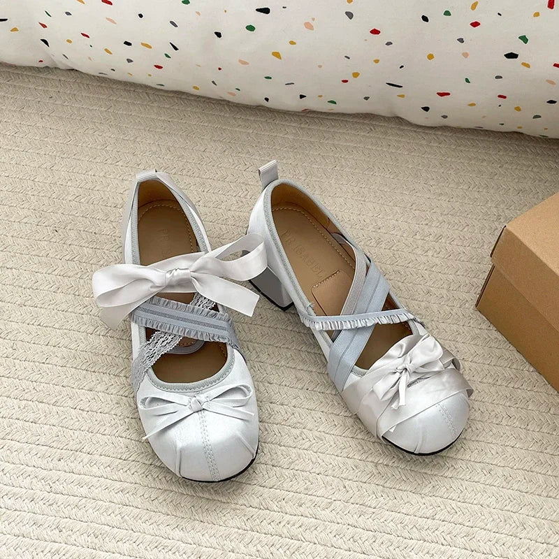 LIZAKOSHT  -  Lace Cross Strap Women Mary Jane Shoes Fashion Sweet Butterfly-knot Thick Heel Shoes Spring Autumn Ladies Elegant Dress Pumps