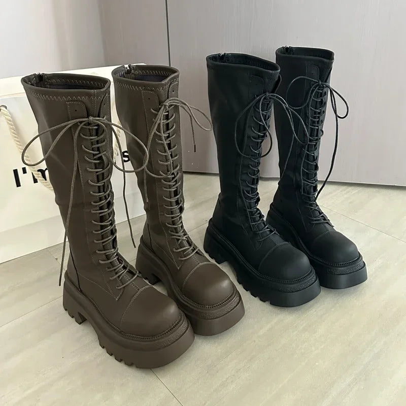 LIZAKOSHT  -  Flats Platform High Boots Women's Designer Shoes for Woman Winter Knee High Boots Lace Up Trend Goth Fashion Boots Femme