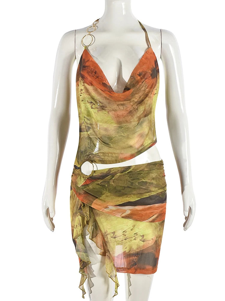 LIZAKOSHT  -  Summer Tie-dye Print Pile Collar Mesh Mini Dress Vacation For Woman 2024 Sexy Hollow Out Backless Bandage Short Dresses
