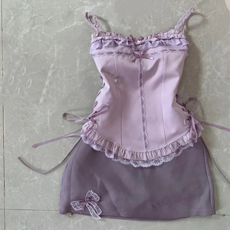 LIZAKOSHT  -  Sweet Lace Patchwork Short Camisole Vest for Women Summer High Waist Bow Bodycon Skirts Two Piece Sets 2025 Fashion New