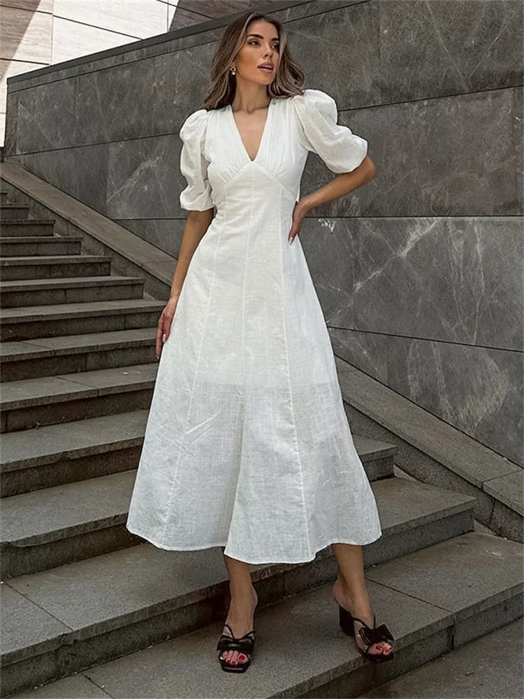 LIZAKOSHT  -  White Backless Summer Dress For Women Short Sleeve Slim V-Neck High Waist Elegant Commute Dress Female Bandage Long Dress