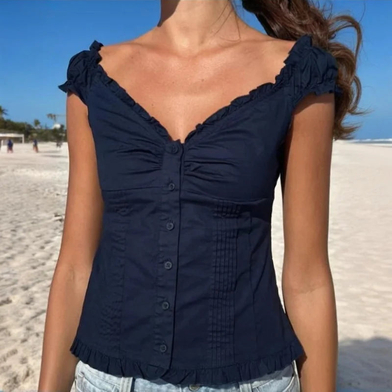 LIZAKOSHT  -  y2k Tank Top Women Summer Clothes Solid Color Cap Sleeve Button Down Slim Fit Frill T Shirt 2000s Vest Streetwear