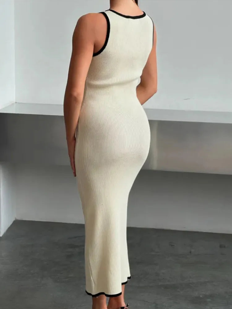 LIZAKOSHT  -  Fashion Patchwork Long Dress Women Square Collar Sleeveless Single Breasted Split Robe 2025 Summer Elegant Female Party Dresses