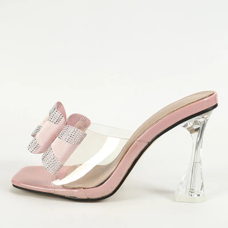 LIZAKOSHT  -  Shiny Bowknot Designer Slide Sandals Women Summer Sexy Open Toe Party Slippers Elegant  Dress Thin High Heel Pumps Zapatos Mujer