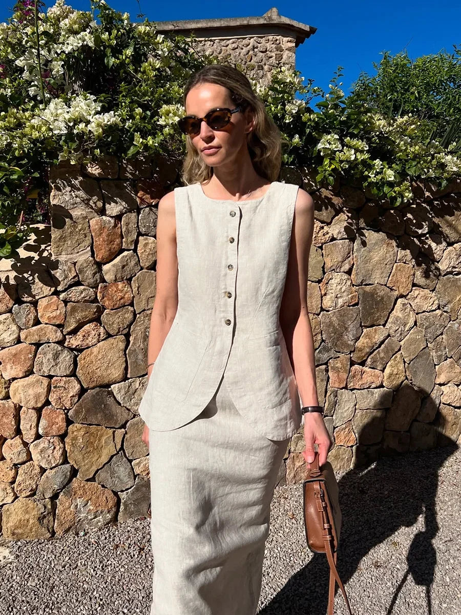 LIZAKOSHT  -  Women's Sleeveless Vest High Waisted Skirt 2-Piece Set Spring Summer New Linen Casual Suit Fashion Office Lady Vest Set
