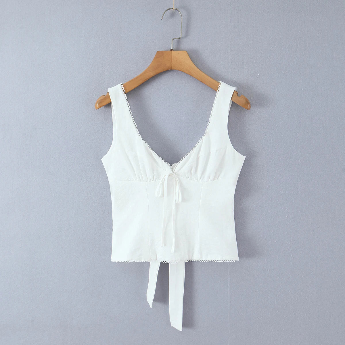 LIZAKOSHT  -  Sexy White V neck Low Ruched Bra Chest Tank Tops Women Tie Bow Sashes Zipper Back Crop Tank Girl Tee