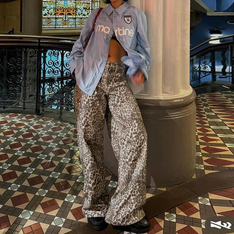 LIZAKOSHT  -  New Leopard Print Retro Straight Long Pants For Women Loose Slightly Flared Trousers Female Streetwear Club Party Pants