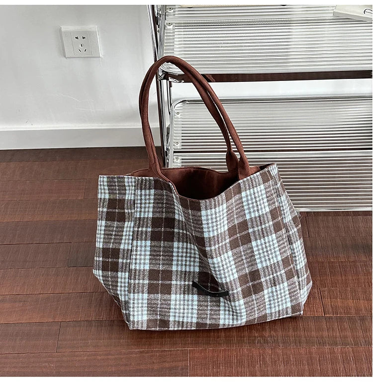 LIZAKOSHT  -  Autumn and Winter Woolen Plaid Shoulder Bag Double Sided Use Handbag Large Capacity Tote Bags For Women
