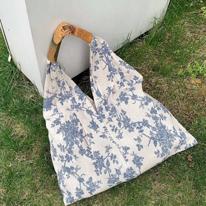LIZAKOSHT  -  French Toile De Jouy Canvas Shoulder Tote Bag Women's Shopping Grocery Shopper Bag Portable Antique Traditional Art