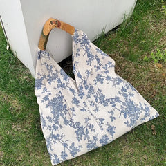 LIZAKOSHT  -  French Toile De Jouy Canvas Shoulder Tote Bag Women's Shopping Grocery Shopper Bag Portable Antique Traditional Art