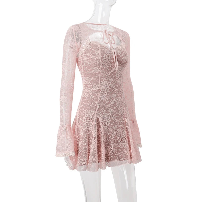 LIZAKOSHT  -  Lace Print Flare Long Sleeve Shawl Elegant Mini Dresses Sexy Pleated Bodycon Dress Evening Party Fall Y2K 2 Piece Sets