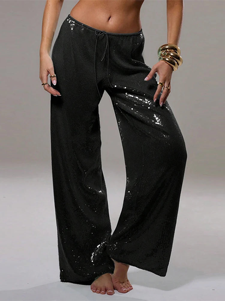 LIZAKOSHT  -  Chic Sequined Long Pants For Women High Waist  Lace Up Ankle-length Loose Trousers 2025 Spring Summer Fashion Female Y2k Pant