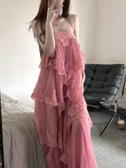 LIZAKOSHT  -  New French Sexy Sweet Long Dress Women Chic Y2k Fairy Slim Backless Pink Dress Japanese Casual Holiday Style Lace Design Outfits