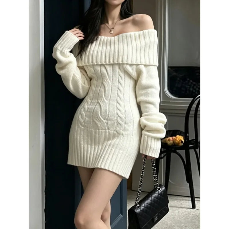  LIZAKOSHT  -  Women Off Shoulder Foldover Collar Cable Knit Sweater Dress Long Sleeve Slim Bodycon Mini Dress Fall Winter Knitted Party Dress