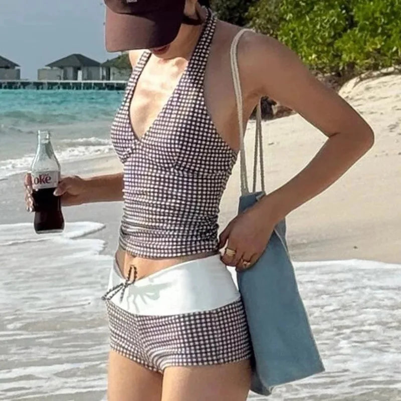 LIZAKOSHT  -  Deep V Tops Mini Patchwork Contrasting Shorts Plaid Swimsuit Two Piece Set For Women Summer Sexy Swimming Sports Beach Bikini