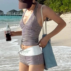 LIZAKOSHT  -  Deep V Tops Mini Patchwork Contrasting Shorts Plaid Swimsuit Two Piece Set For Women Summer Sexy Swimming Sports Beach Bikini