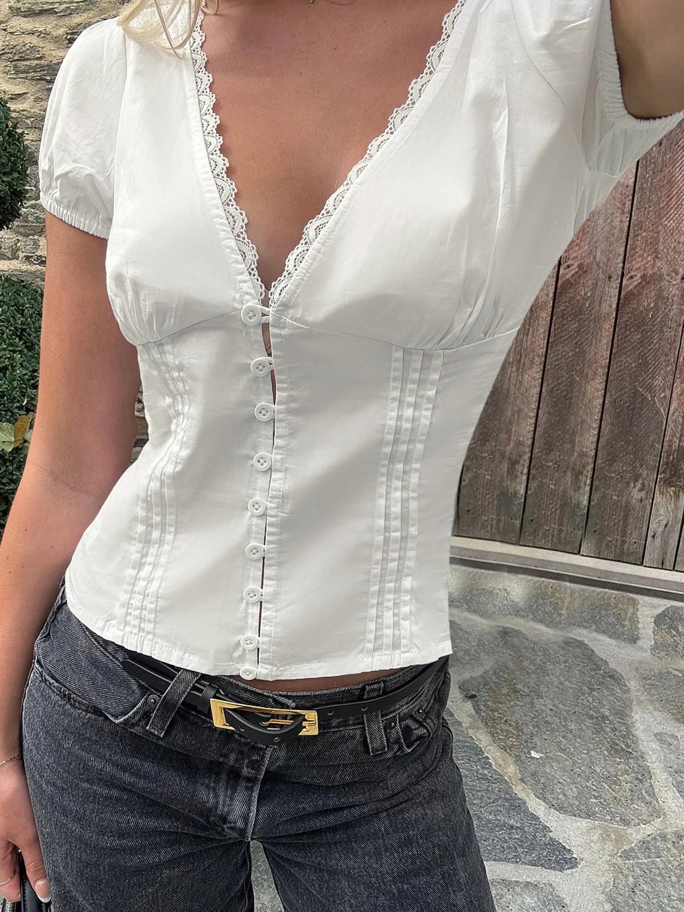 LIZAKOSHT  -  Lace Patchwork Solid Blouses for Women Single-breasted Fashion Slim Clothes Streetwear V-neck Short Sleeves Tops