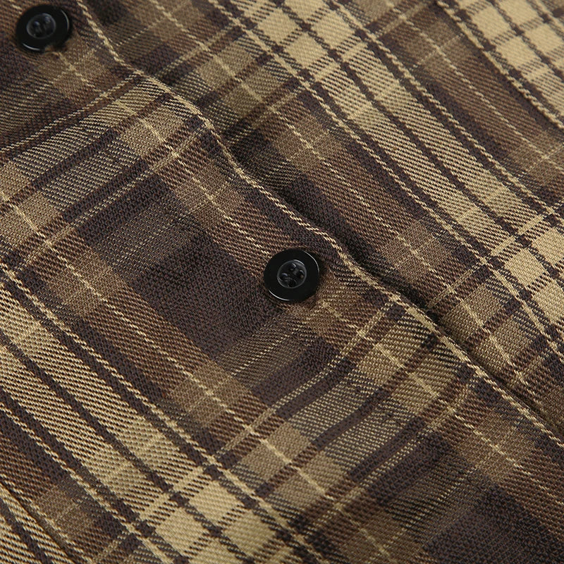LIZAKOSHT  -  Back Shirred Plaid Blouse Brown French Style Turn-down Collar Single-breasted Shirts Vintage Puff Short Sleeve Tops