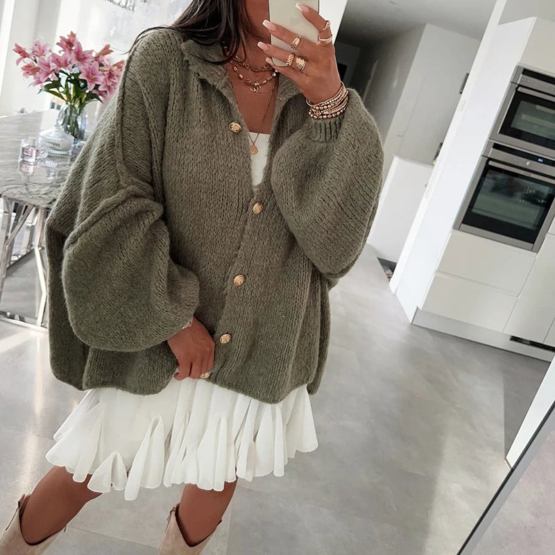 LIZAKOSHT  -  Autumn Winter Solid Loose Sweater Cardigans Women Single Breasted Commuter Knitwear Top Fashion Long Sleeve Warm Sweaters Jumper