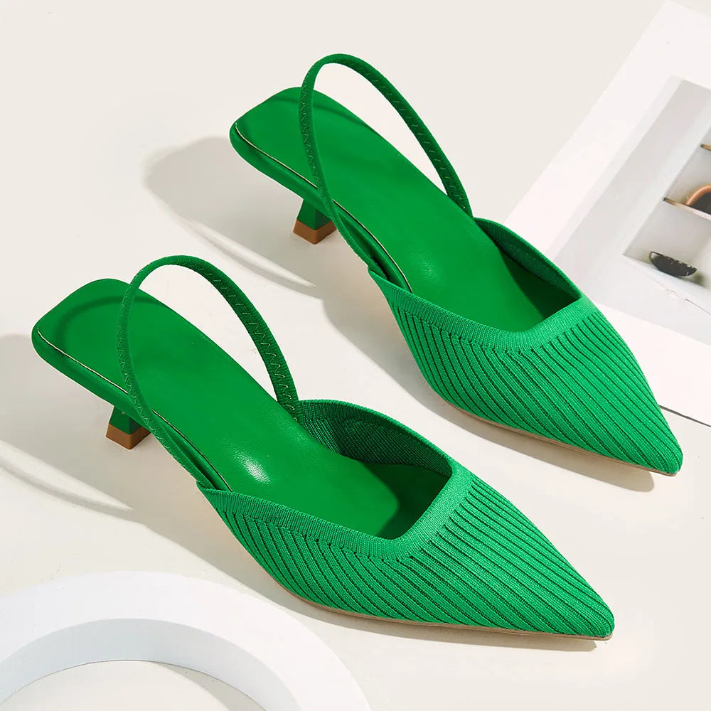 LIZAKOSHT  -  Elegant Black Kitten Heels Slingback Sandals Women Green Yellow Pointed Toe Slip On Knitting Red Office Lady Shoes Big Size 42