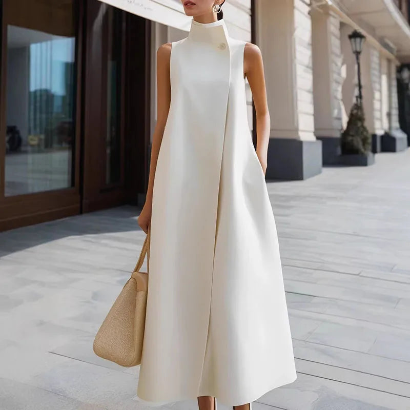 LIZAKOSHT  -  Fashion Stand Collar Pocket Commuter Vest Dress Sexy Sleeveless High Waist Long Dress Lady Elegant One Button Design Party Dress